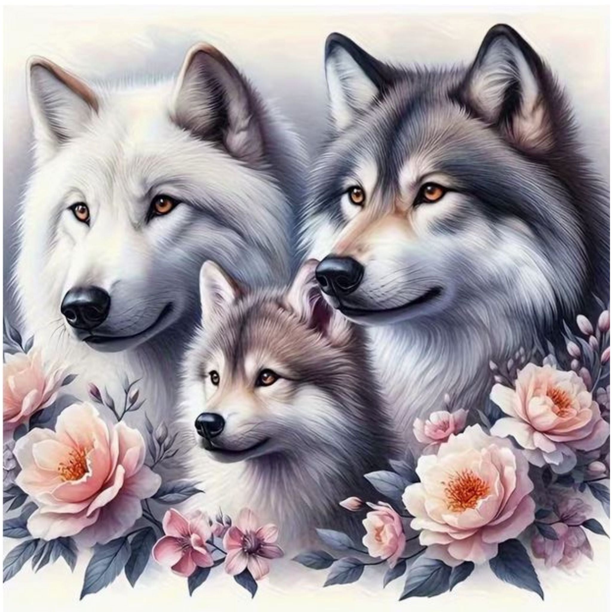 Diamond Painting Famille Loups Fleurs 40x40 | Diamants Ronds - Art & Trésorts