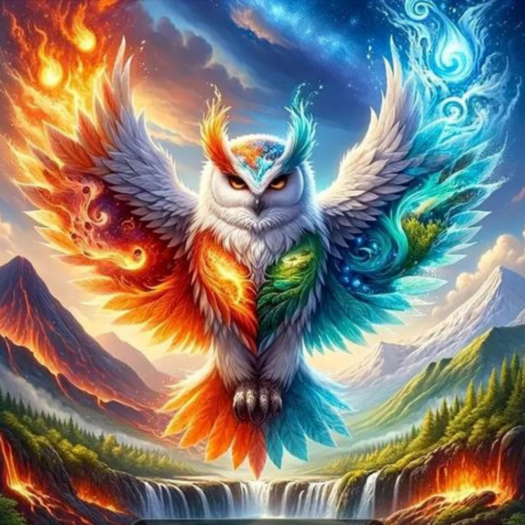 Diamond Painting Hibou Éléments Feu Eau 40x40 | Diamants Ronds - Art & Trésorts