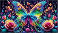 Diamond Painting Papillon Arc-en-ciel Roses 70x40 | Diamants Ronds - Art & Trésorts