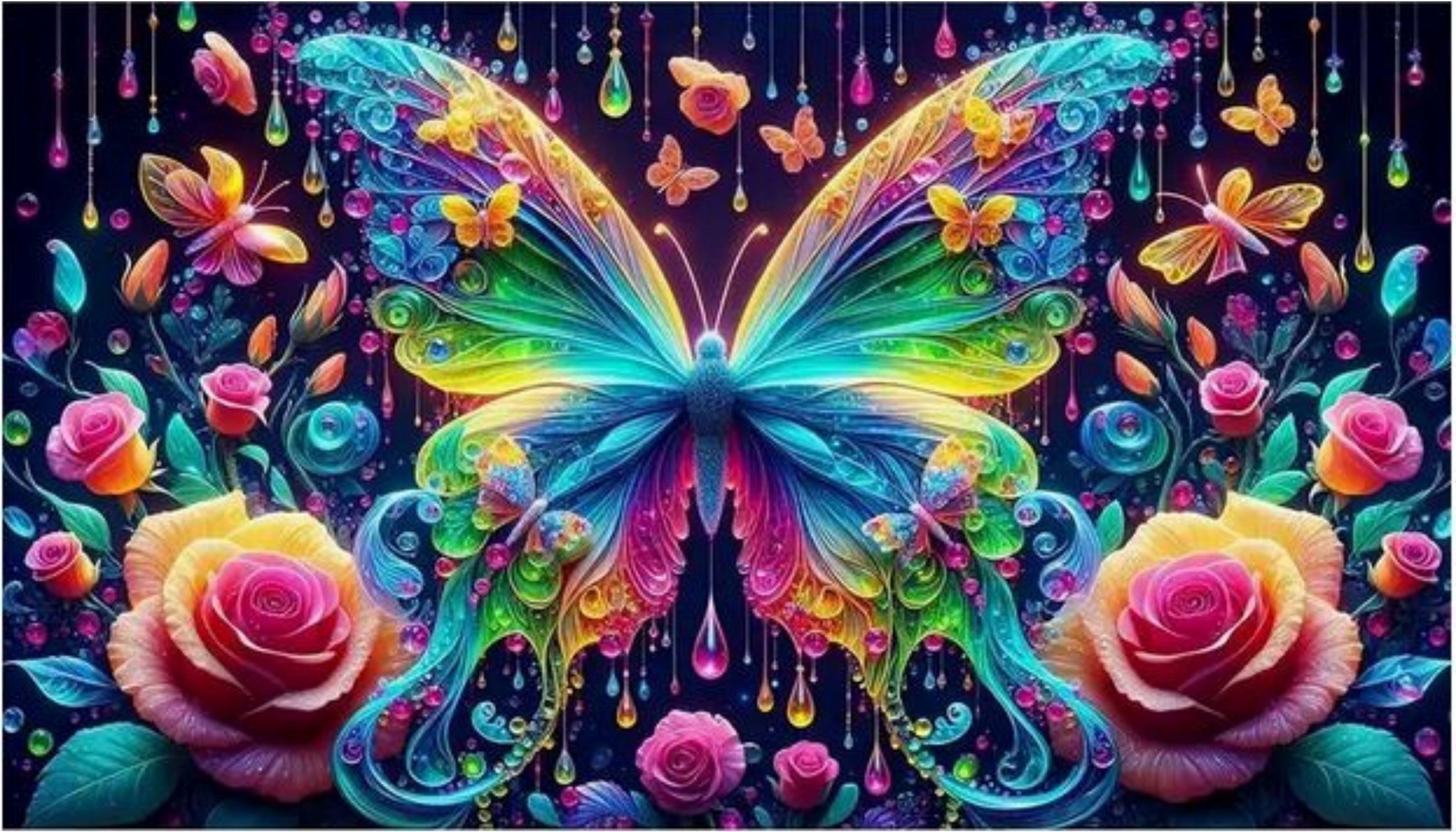 Diamond Painting Papillon Arc-en-ciel Roses 70x40 | Diamants Ronds - Art & Trésorts