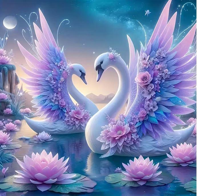 E11- Peinture Diamant - Cygnes Enchantés 40x40 - Art & Trésorts