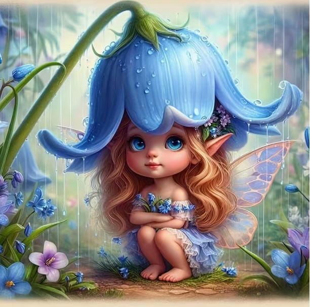 E21 - Peinture Diamant - Petite Fée aux Fleurs Bleues 30x30 - Art & Trésorts