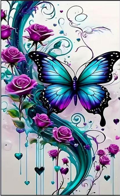 E25 - Peinture Diamant - Papillon Bleu et Roses Violettes 40x70 - Art & Trésorts