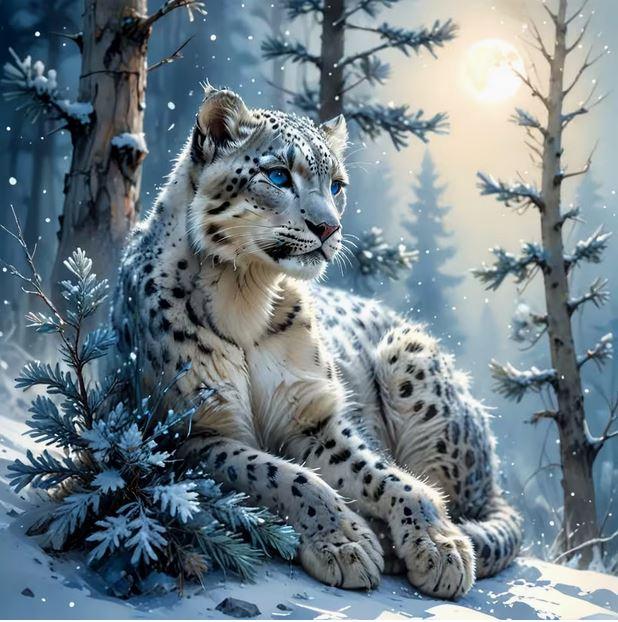 E58 - Peinture Diamant - Léopard des Neiges Majestueux 50x50 - Art & Trésorts