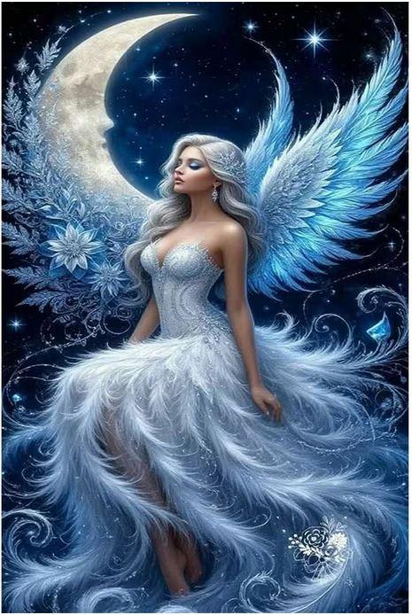 E32 - Peinture Diamant - Ange de Lune Bleu 40x60 - Art & Trésorts