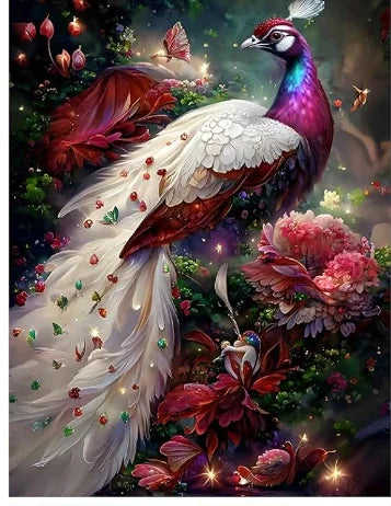 E34 - Peinture Diamant - Paon Majestueux aux Fleurs 30x40 - Art & Trésorts
