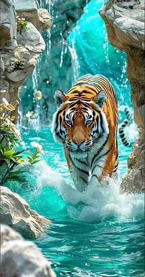 E39 - Peinture Diamant - Tigre dans Cascade Turquoise 40x80 - Art & Trésorts