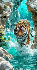 E39 - Peinture Diamant - Tigre dans Cascade Turquoise 40x80 - Art & Trésorts