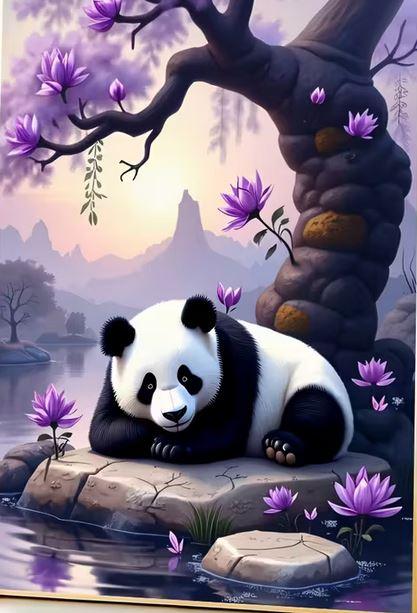 E47 - Peinture Diamant - Panda Zen et Lotus Violets 30x40 - Art & Trésorts