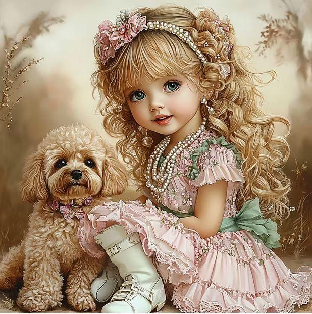 E51 - Peinture Diamant - Fillette Victorienne et Chiot 40x40 - Art & Trésorts