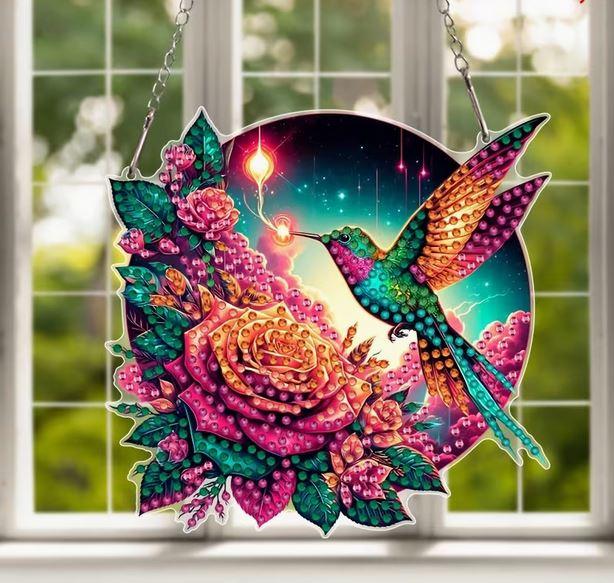 E56 - Peinture Diamant 2D Plat - Colibri et Roses 14,5x14cm - Art & Trésorts