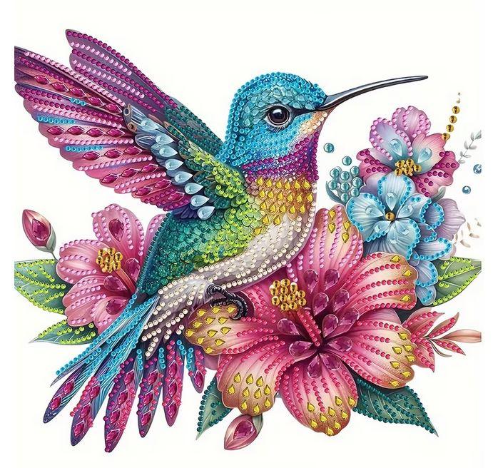 E57 - Peinture Diamant - Colibri Arc-en-Ciel et Fleurs 30x30 - Art & Trésorts