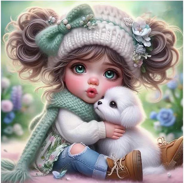 E60 - Peinture Diamant - Fillette et Lapin Blanc 30x30 - Art & Trésorts