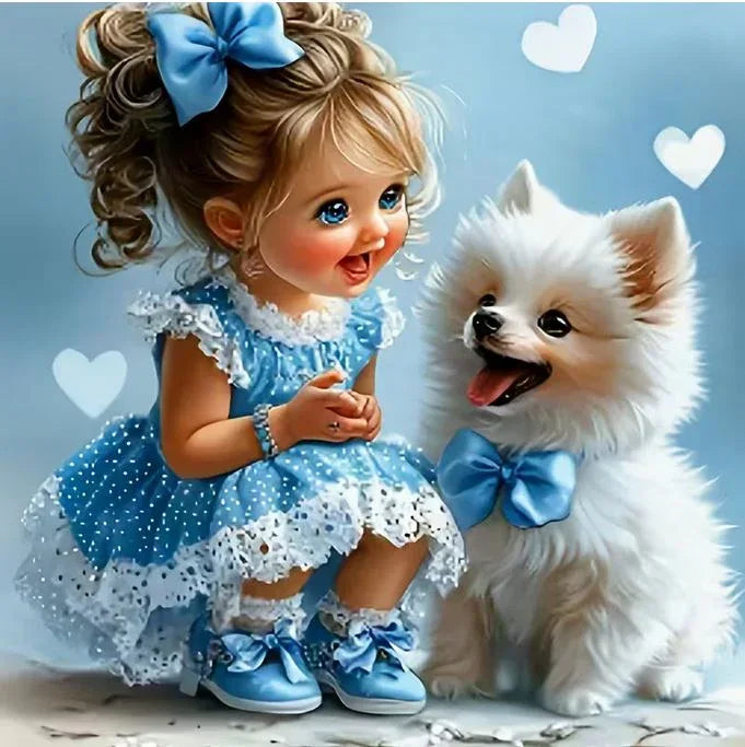 E61 - Peinture Diamant - Fillette et Chien Blanc Joyeux 30x30 - Art & Trésorts