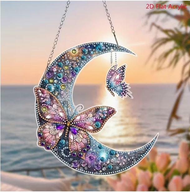 E65 - Peinture Diamant 2D Plat - Lune et Papillons 14x15cm - Art & Trésorts