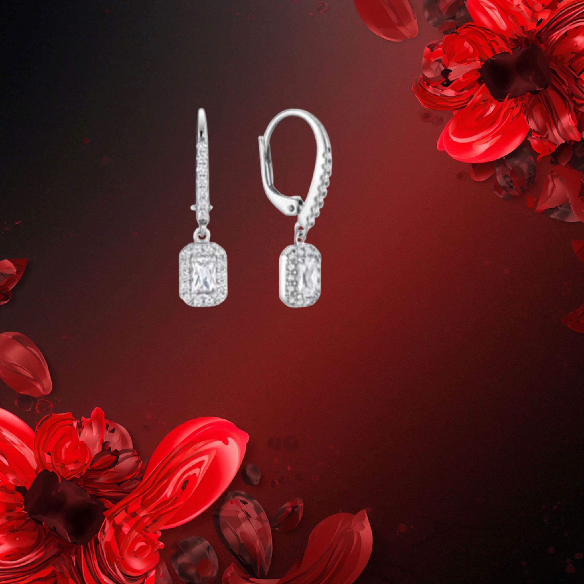 Boucles d'oreilles à levier Elise Tocara, pierres DiAmi scintillantes halo, argent sterling. Élégantes et luxueuses.