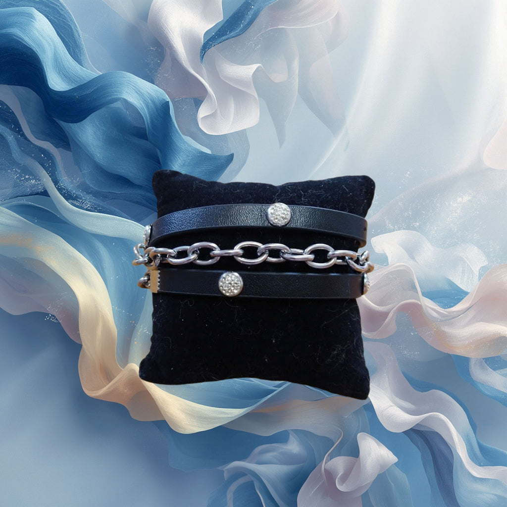 Bracelet Tocara Monique - Cuir Noir DiAmi & Chaîne Acier Ajust. - Art & Trésorts