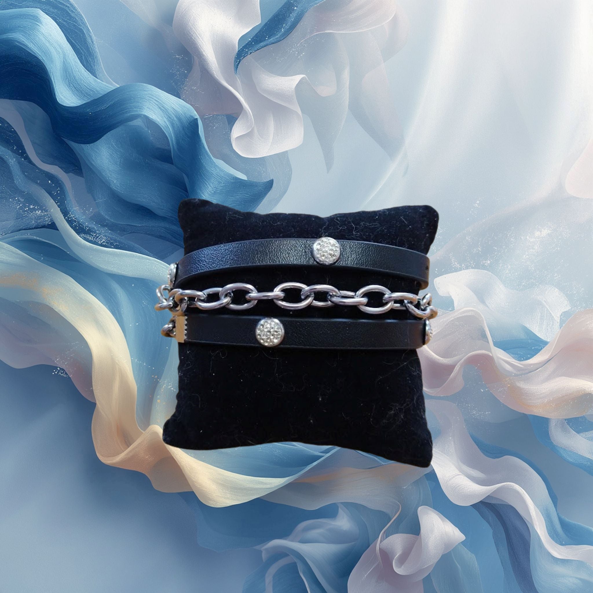 Bracelet Tocara Monique - Cuir Noir DiAmi & Chaîne Acier Ajust. - Art & Trésorts