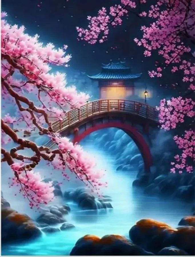 C89 - Peinture Diamant - Pont Japonais et Cerisiers Nocturnes 30x40 - Art & Trésorts