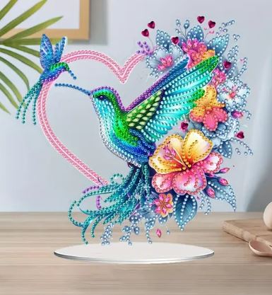 Kit Diamond paintind 2D. Support acrylique colibri cœur fleur 19 par 19cm