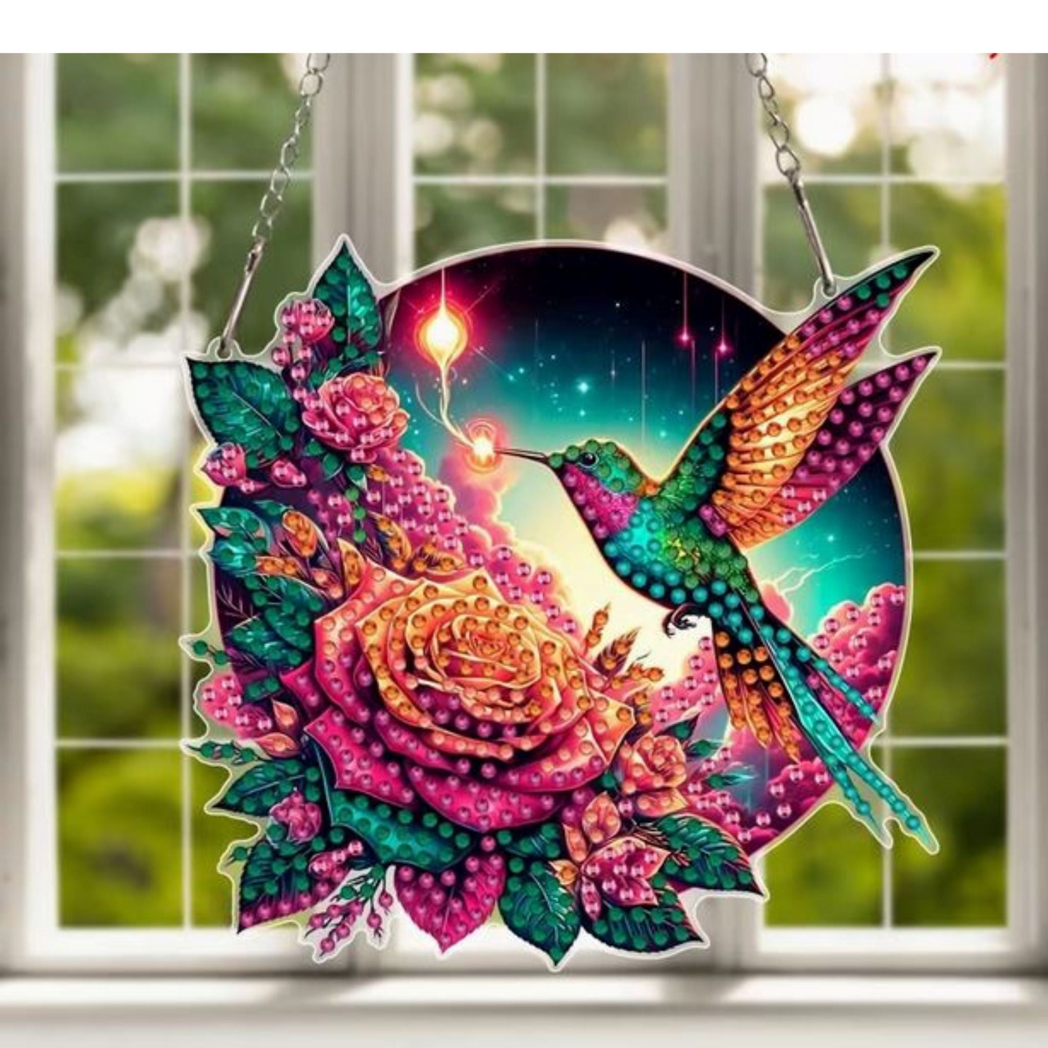 Un colibri éclatant aux couleurs tropicales butinant des roses 14 par 14cm 