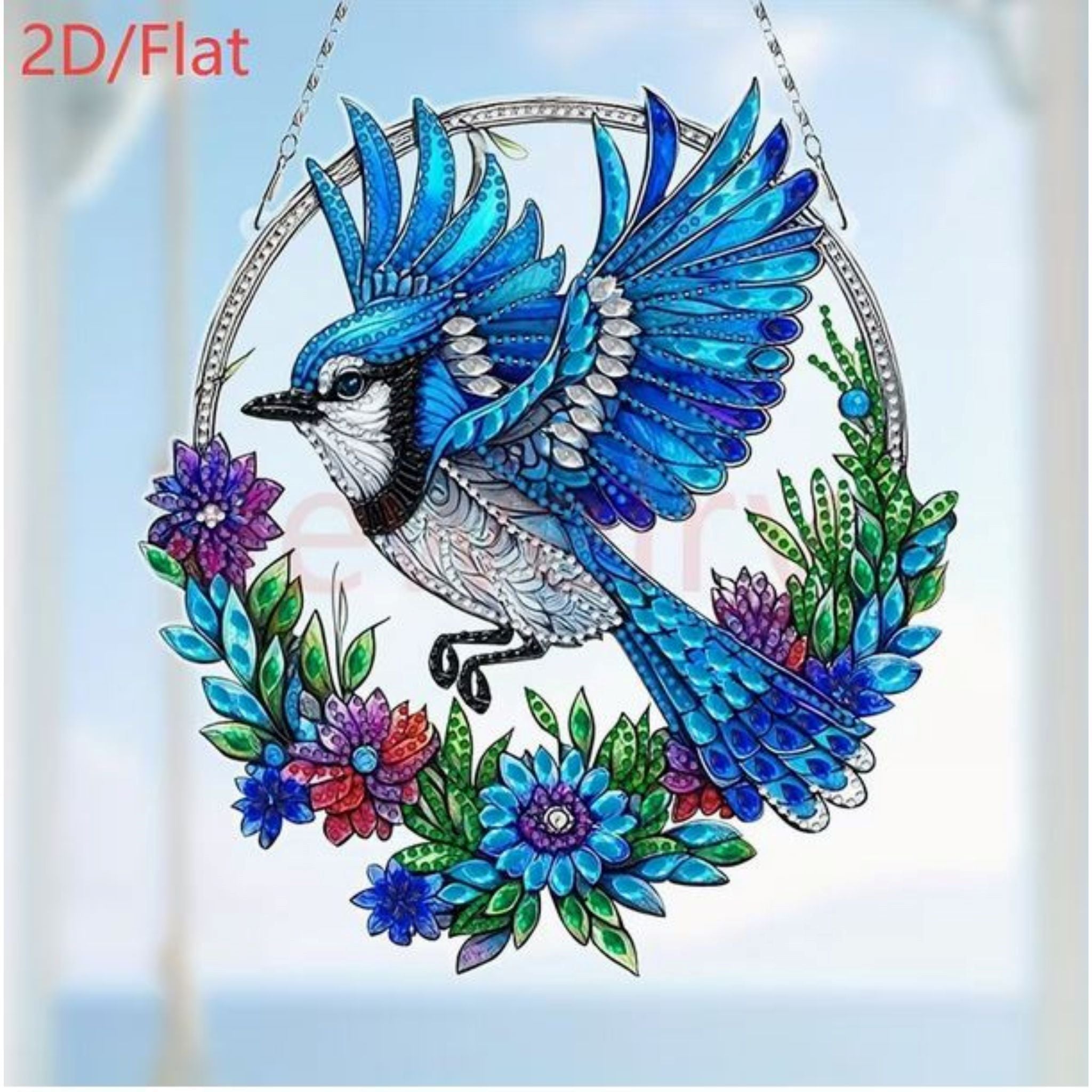 Kit complet diamond painting 2D geai bleu fleurs 22x25cm.