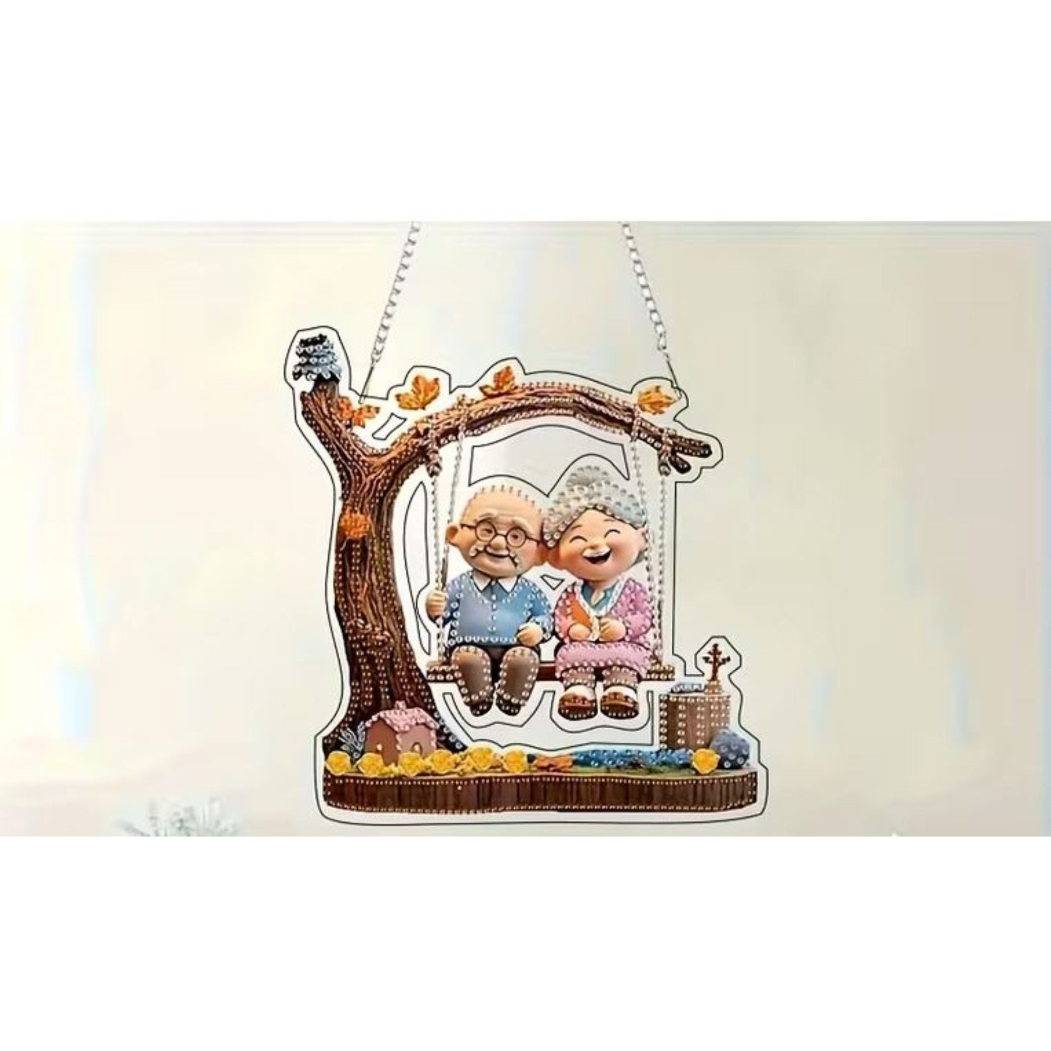 Kit complet diamond painting 2D grands-parents balançoire 18x19cm. Diamants irréguliers, 