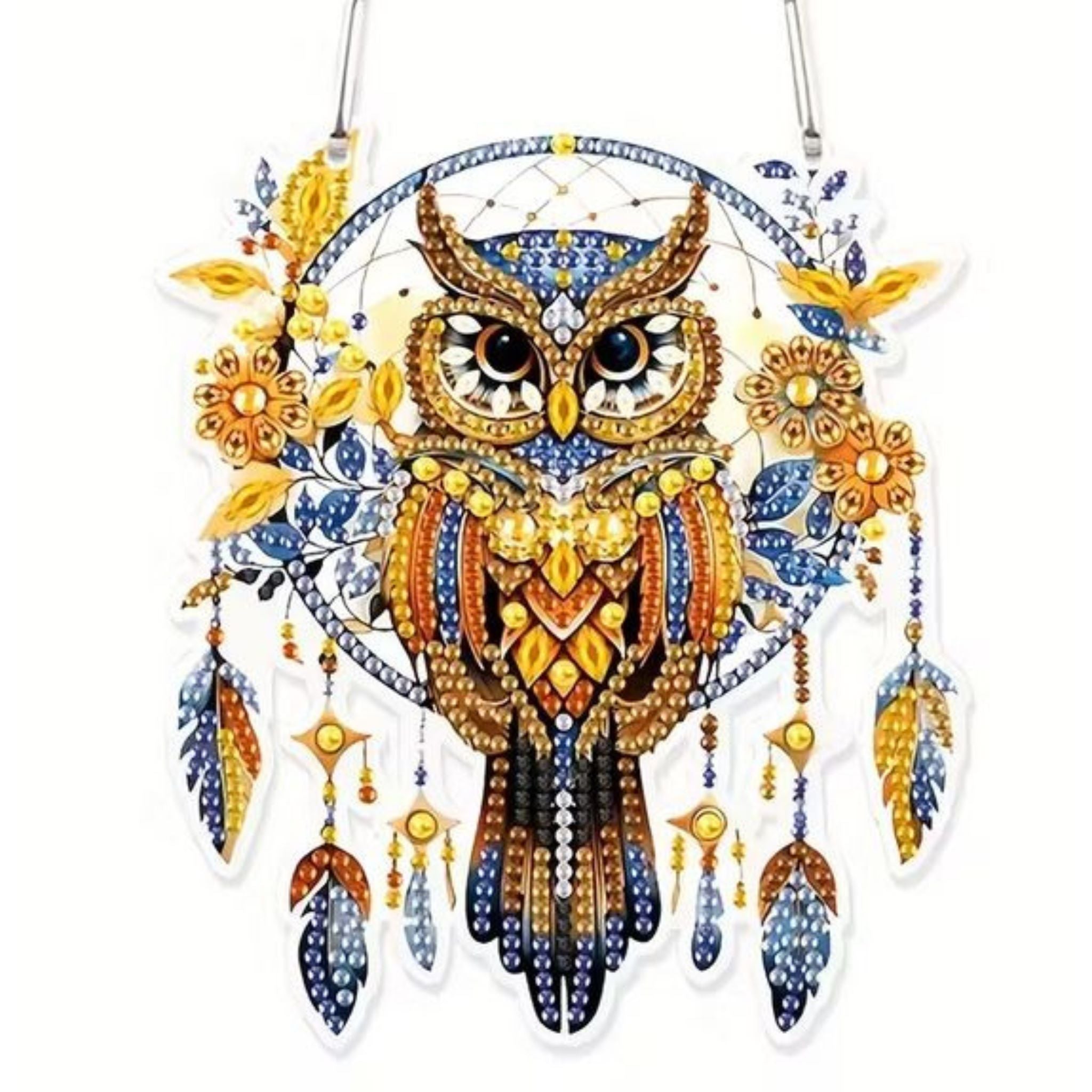 Kit complet diamond painting 2D hibou attrape-rêves 13x15cm. Diamants irréguliers