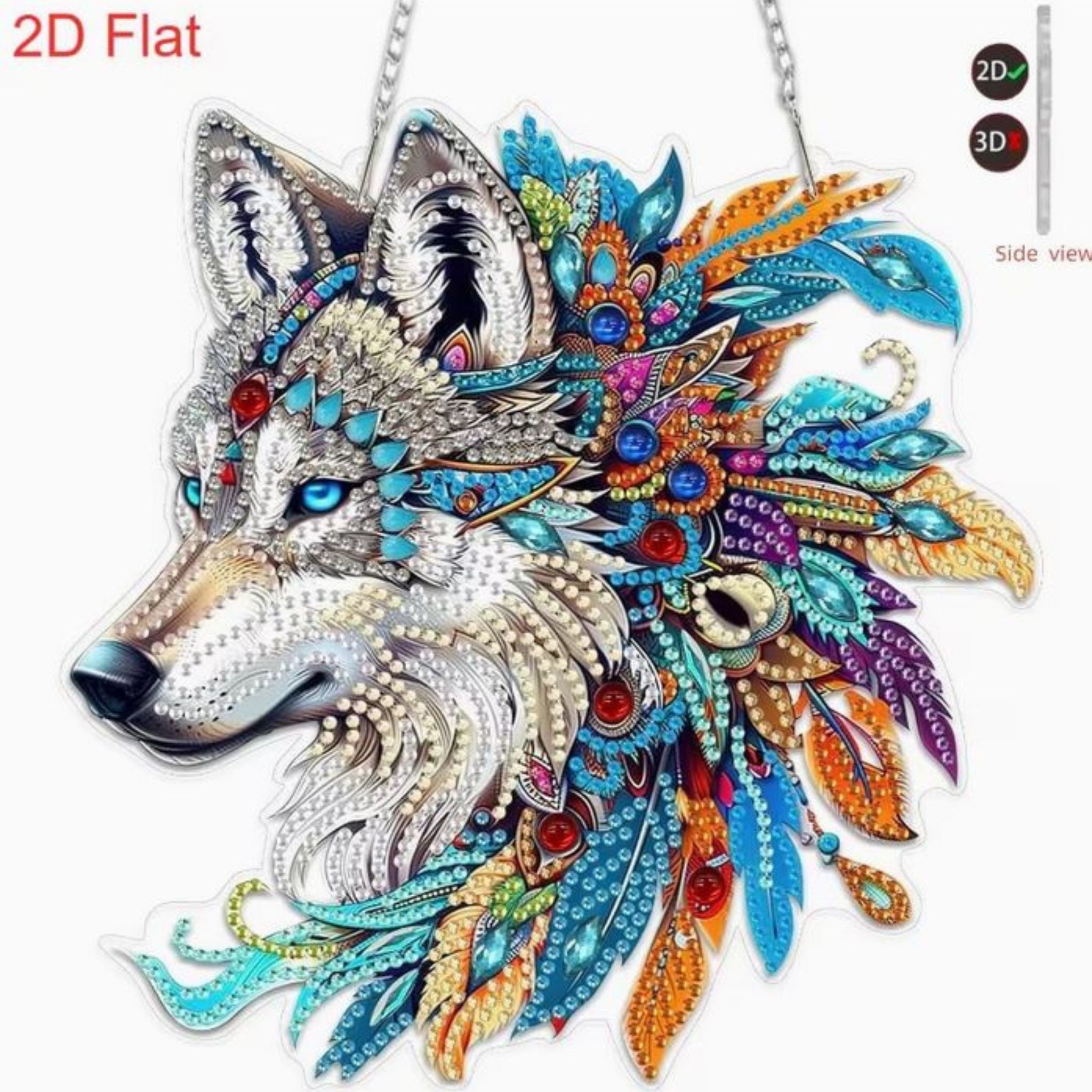 Kit complet diamond painting 2D loup plumes 19x20cm. Diamants irréguliers