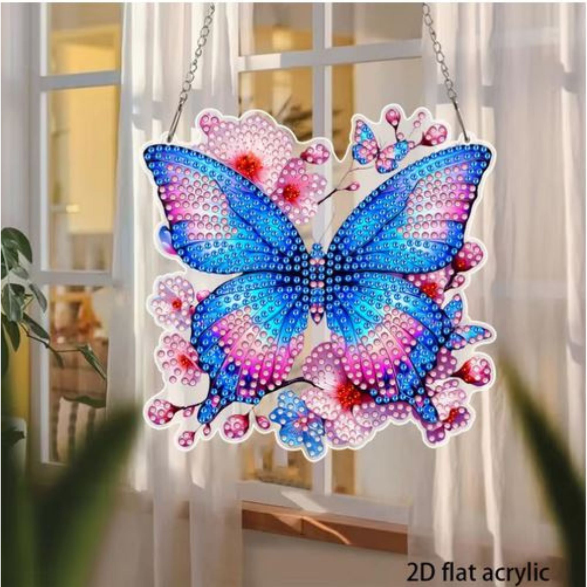 Kit complet diamond painting 2D papillon bleu 15x15cm. Diamants irréguliers