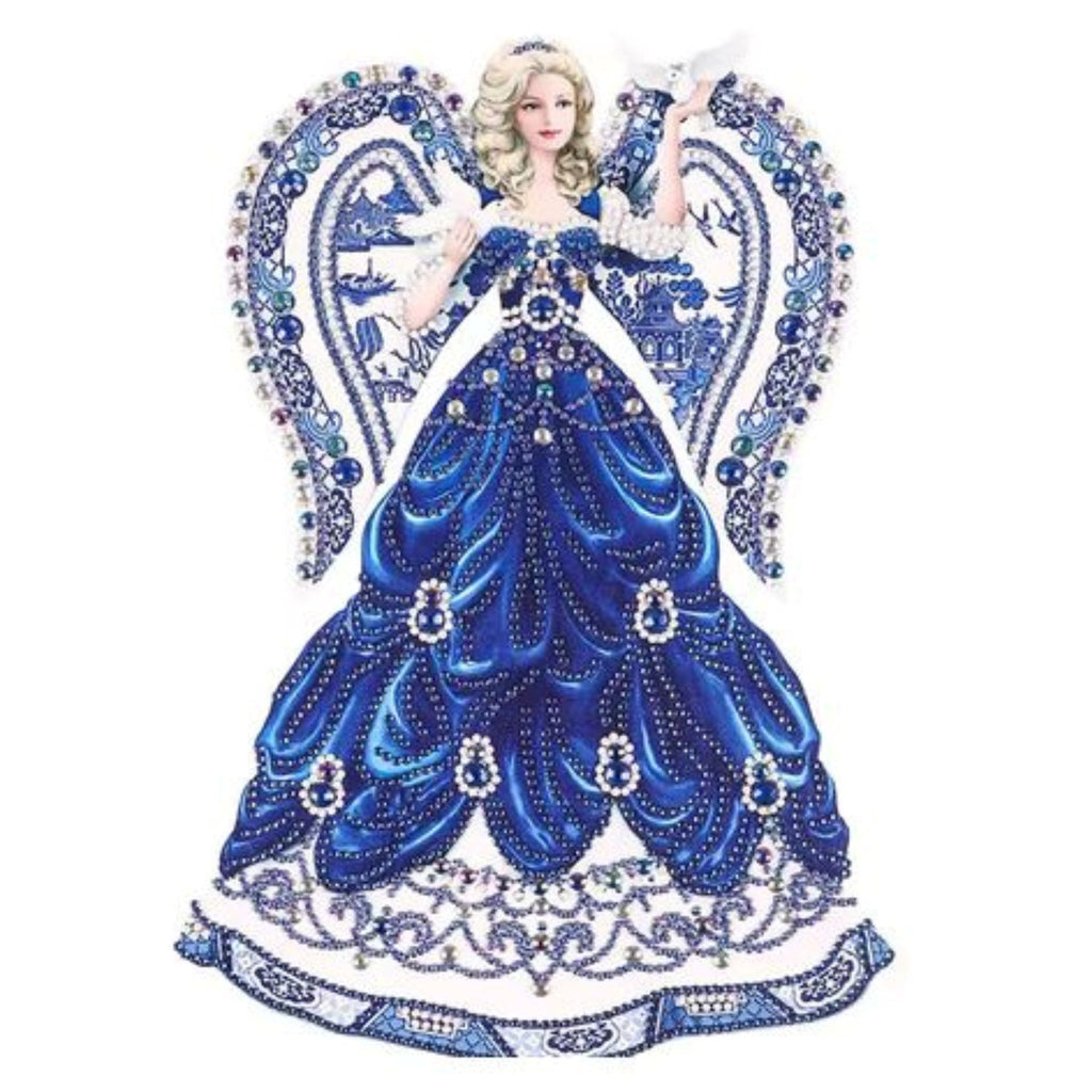 Diamond paintingUn ange majestueux en robe bleue royale ornée de cristaux scintillants 30 par 40cm. Diamants irréguliers