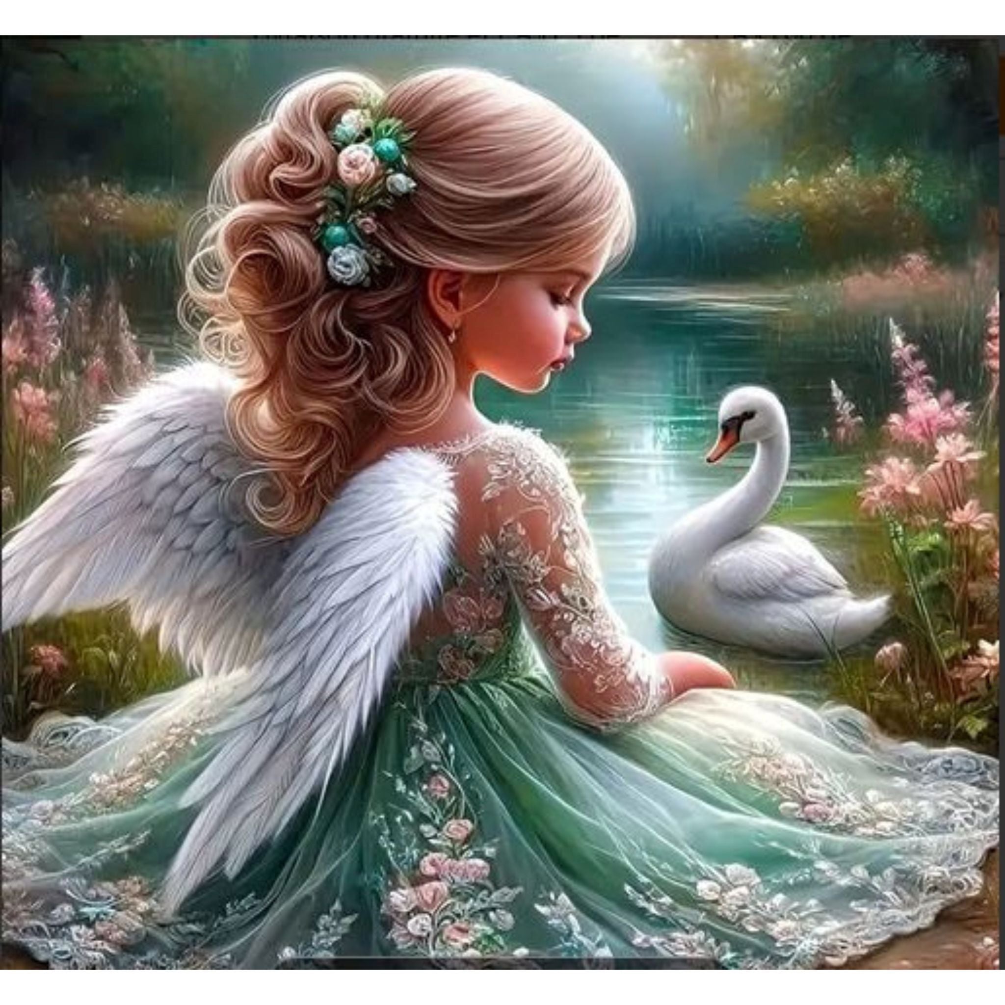 Peinture Diamant Un ange aux ailes blanches accompagné d'un cygne blanc 60 par 60 cm- diamant rond