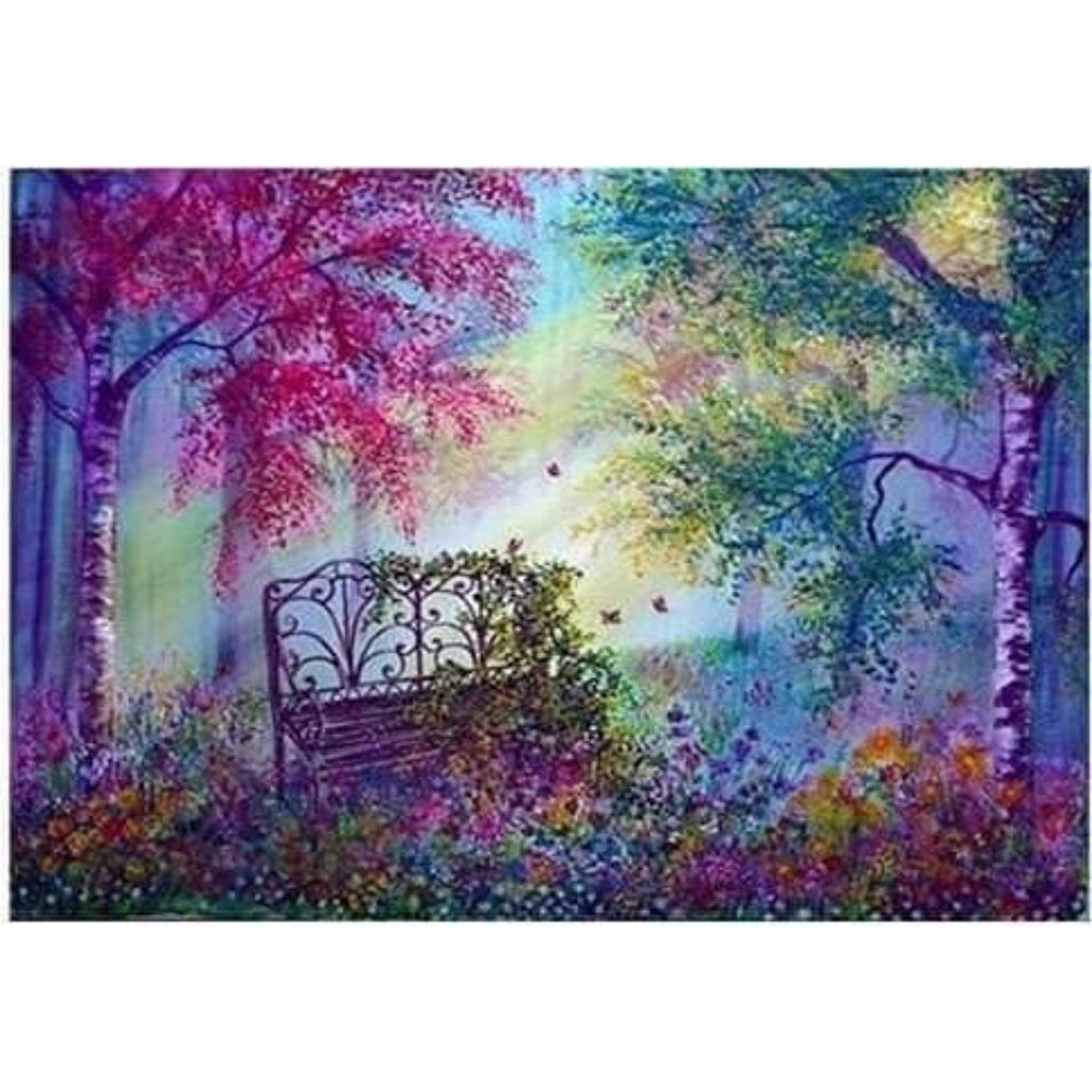Kit complet diamond painting banc fleuri arbres 30 par 40cm. Diamants ronds