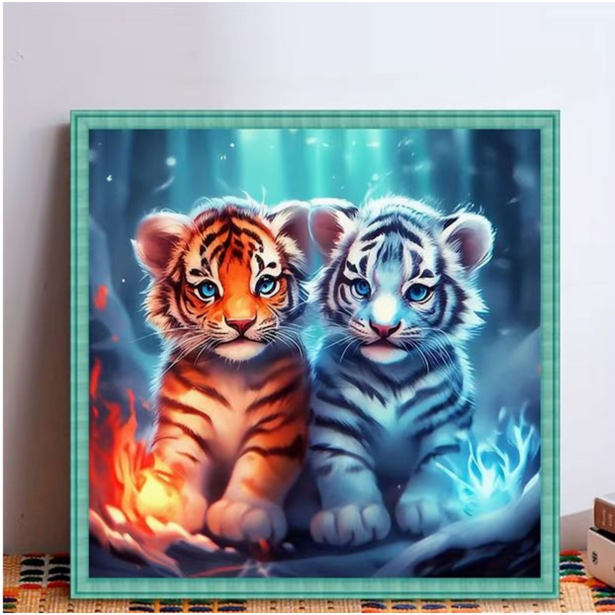 Kit complet diamond painting bébés tigres feu et glace 30 par 30cm. Diamants ronds