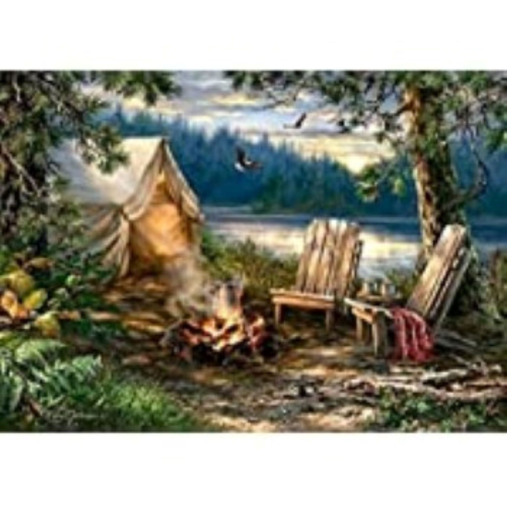 Kit Diamond Painting camping au bord du lac 30 par 40cm. Diamants ronds