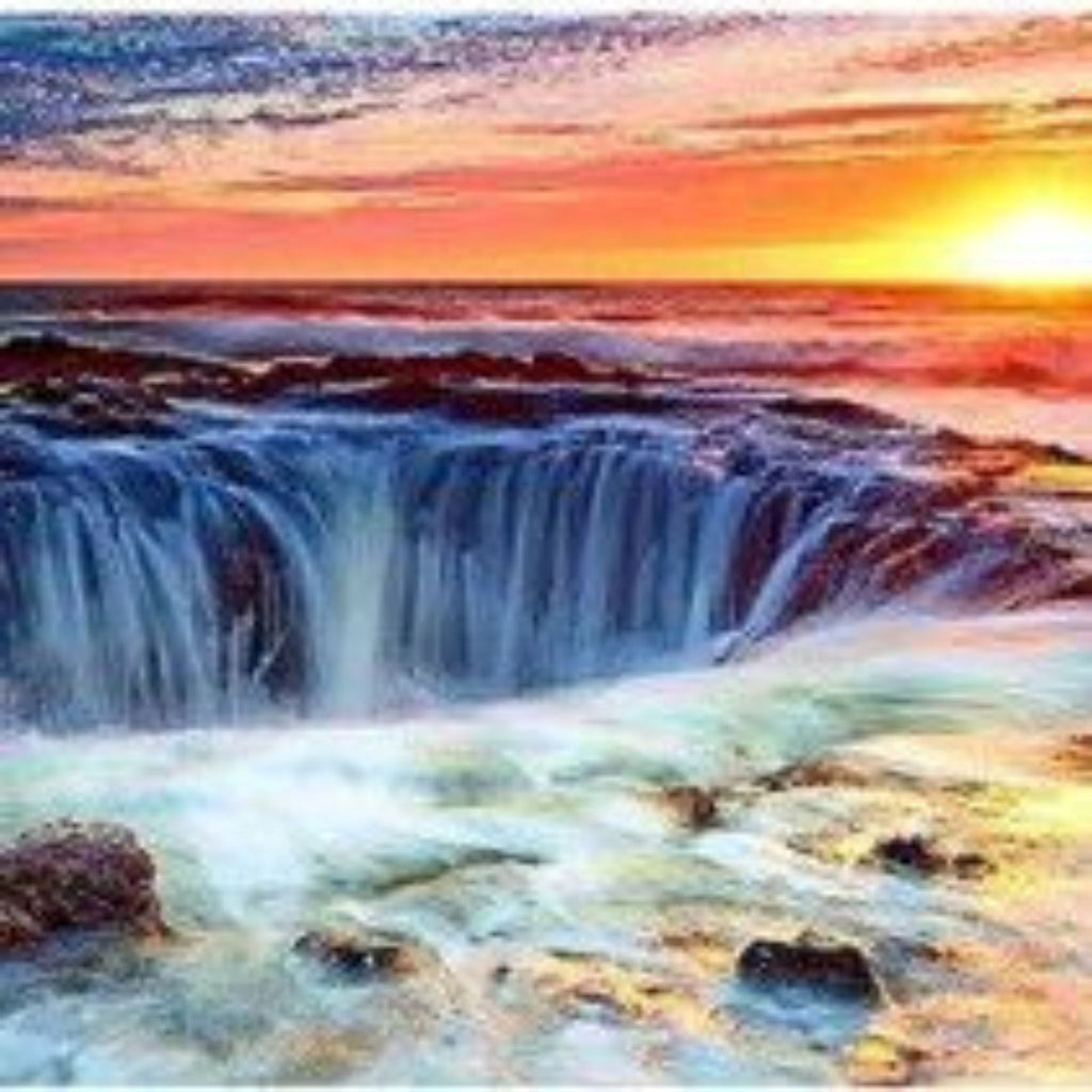 Kit diamond painting cascade coucher de soleil 30 par40cm. Diamants ronds