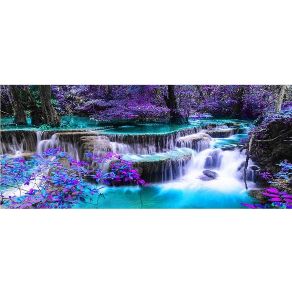 Kit complet diamond painting cascade forêt violette 90 par 40cm. Diamants ronds