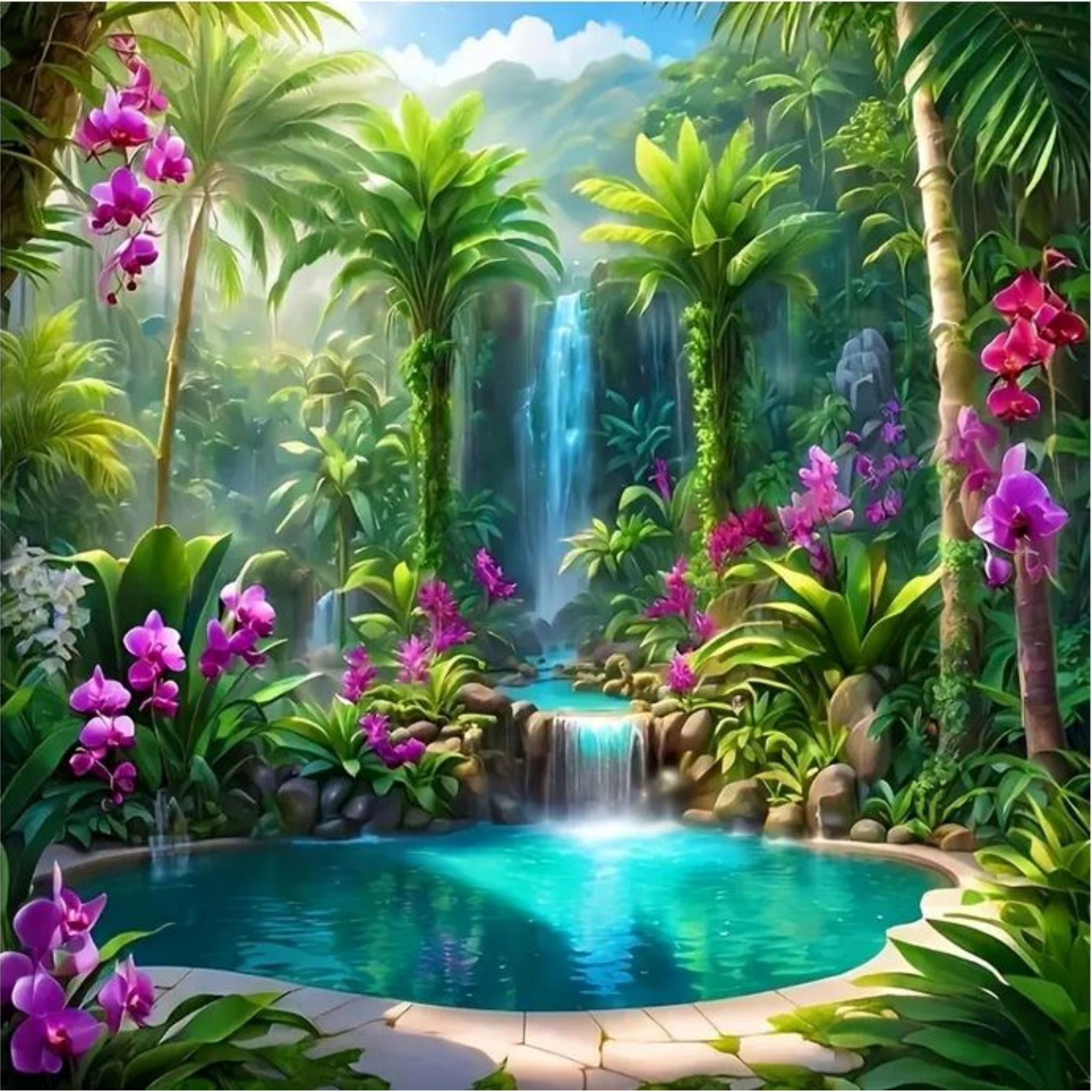 Kit complet diamond painting cascade tropicale paradisiaque 40 par 40cm. Diamants ronds