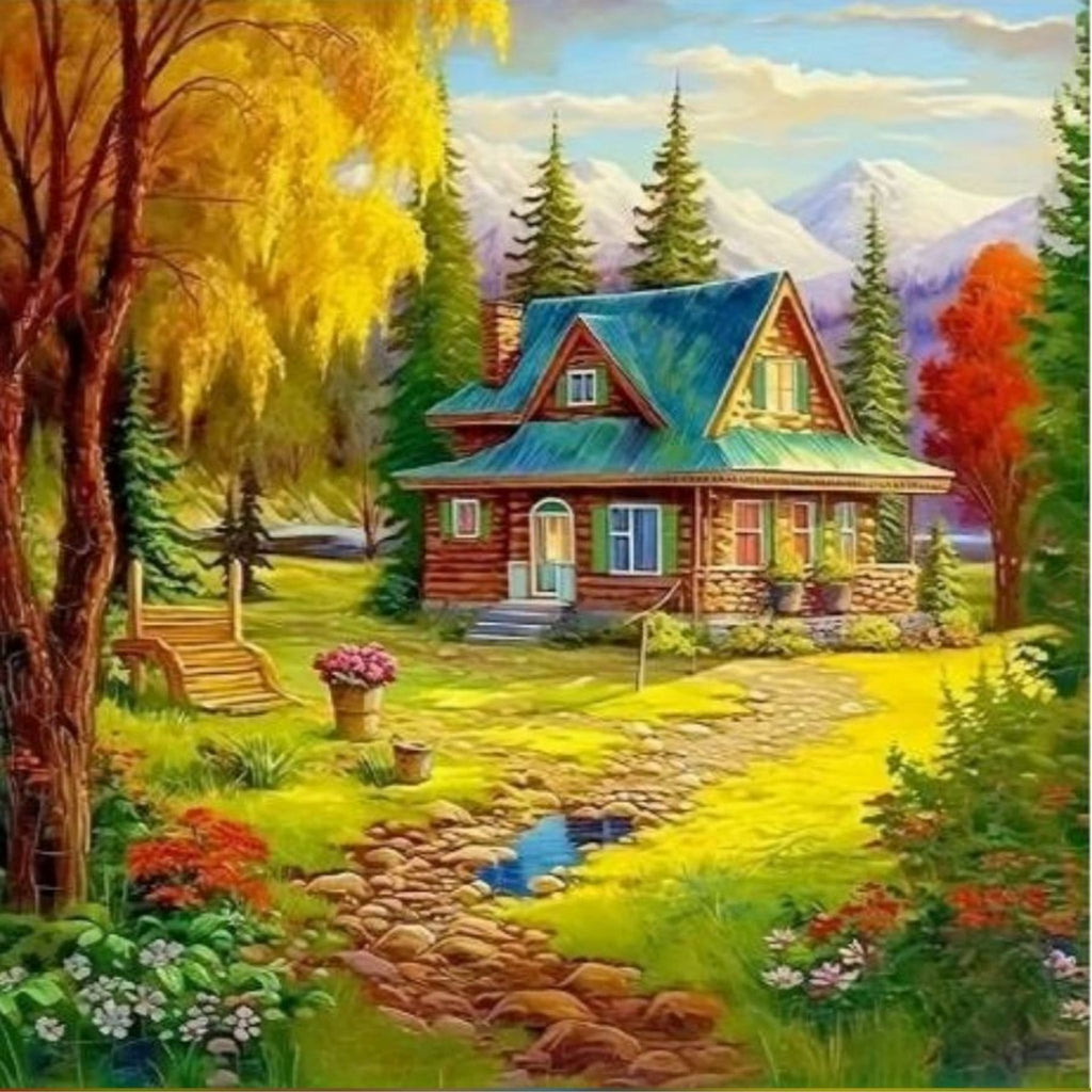 Kit complet diamond painting chalet automnal montagne 40 par 40cm. Diamants ronds