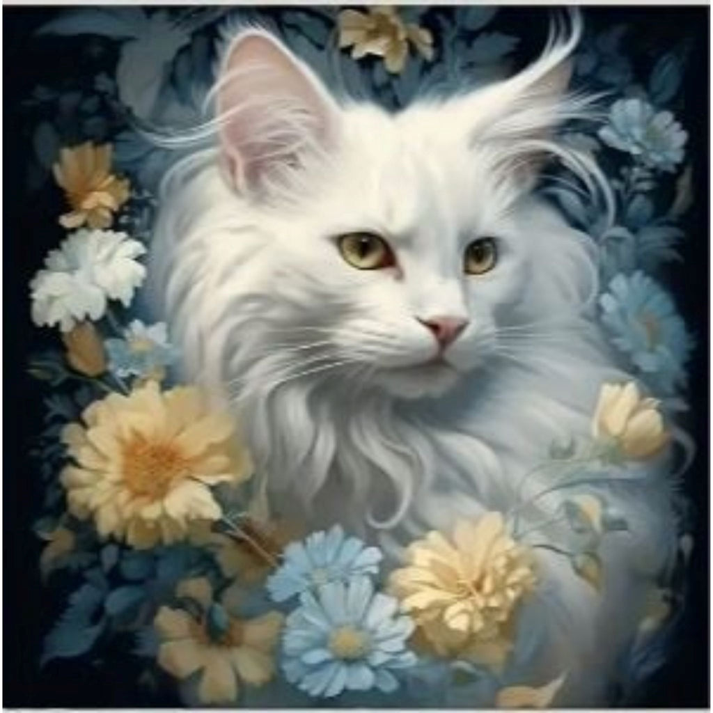Kit Diamond Painting chat blanc fleurs pastel 20 par 20cm. Diamants ronds