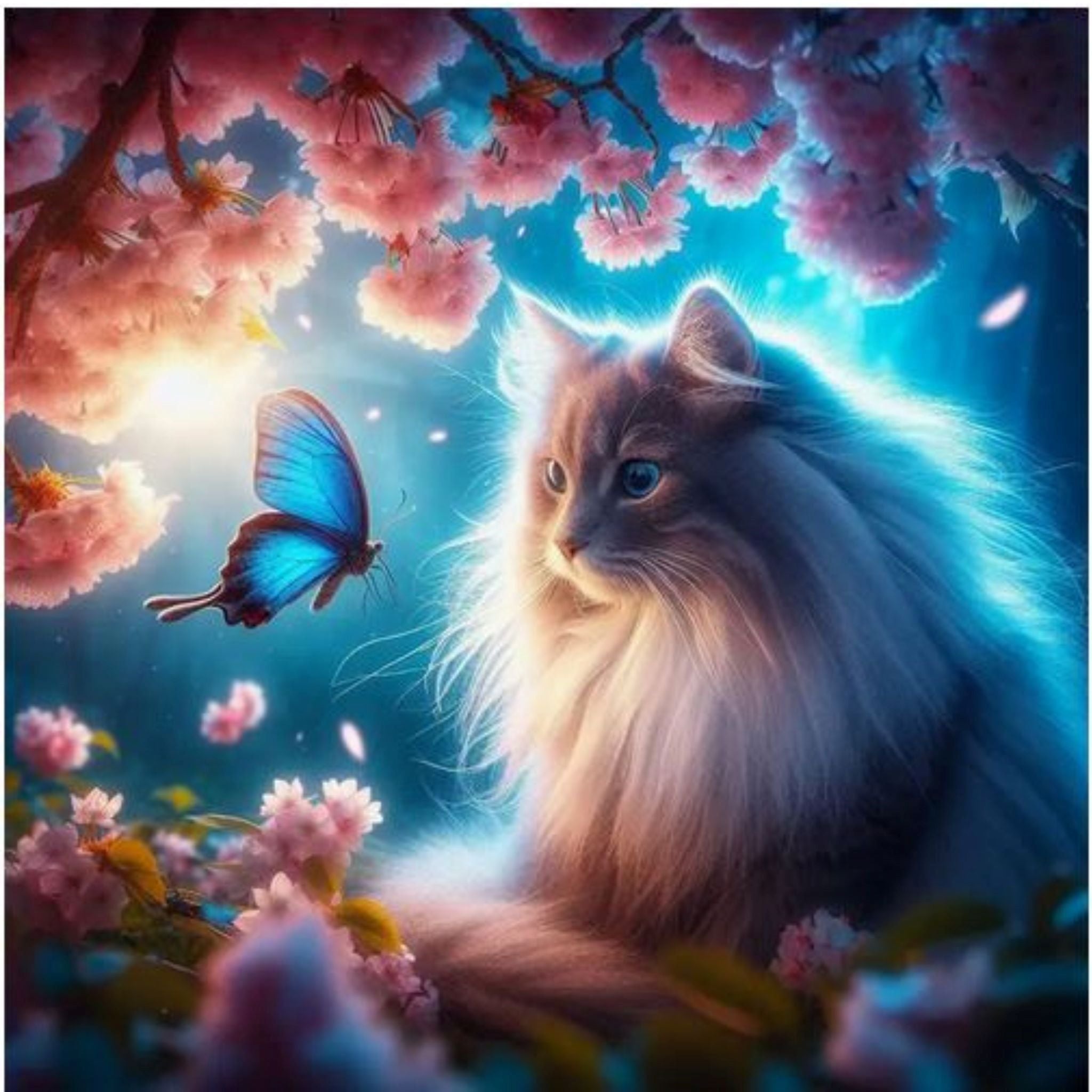 Kit diamond painting chat et papillon féeriques 40 par 40cm. Diamants ronds