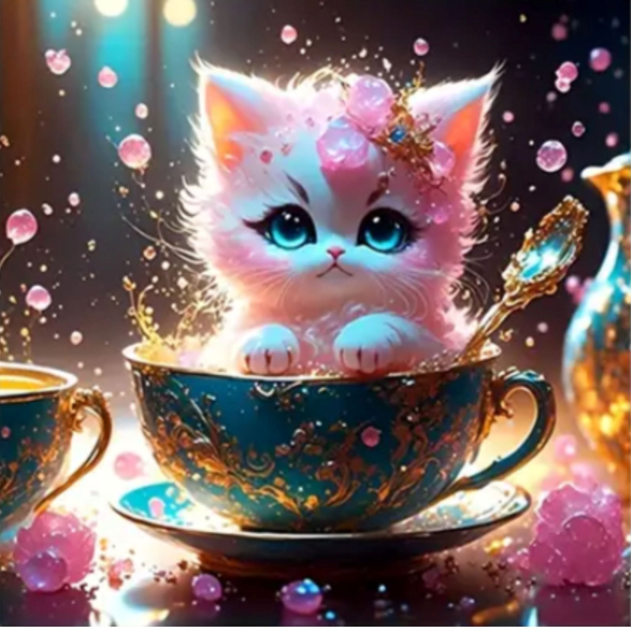 Kit Diamond Painting chaton arc-en-ciel tasse 20 par 20cm. Diamants ronds
