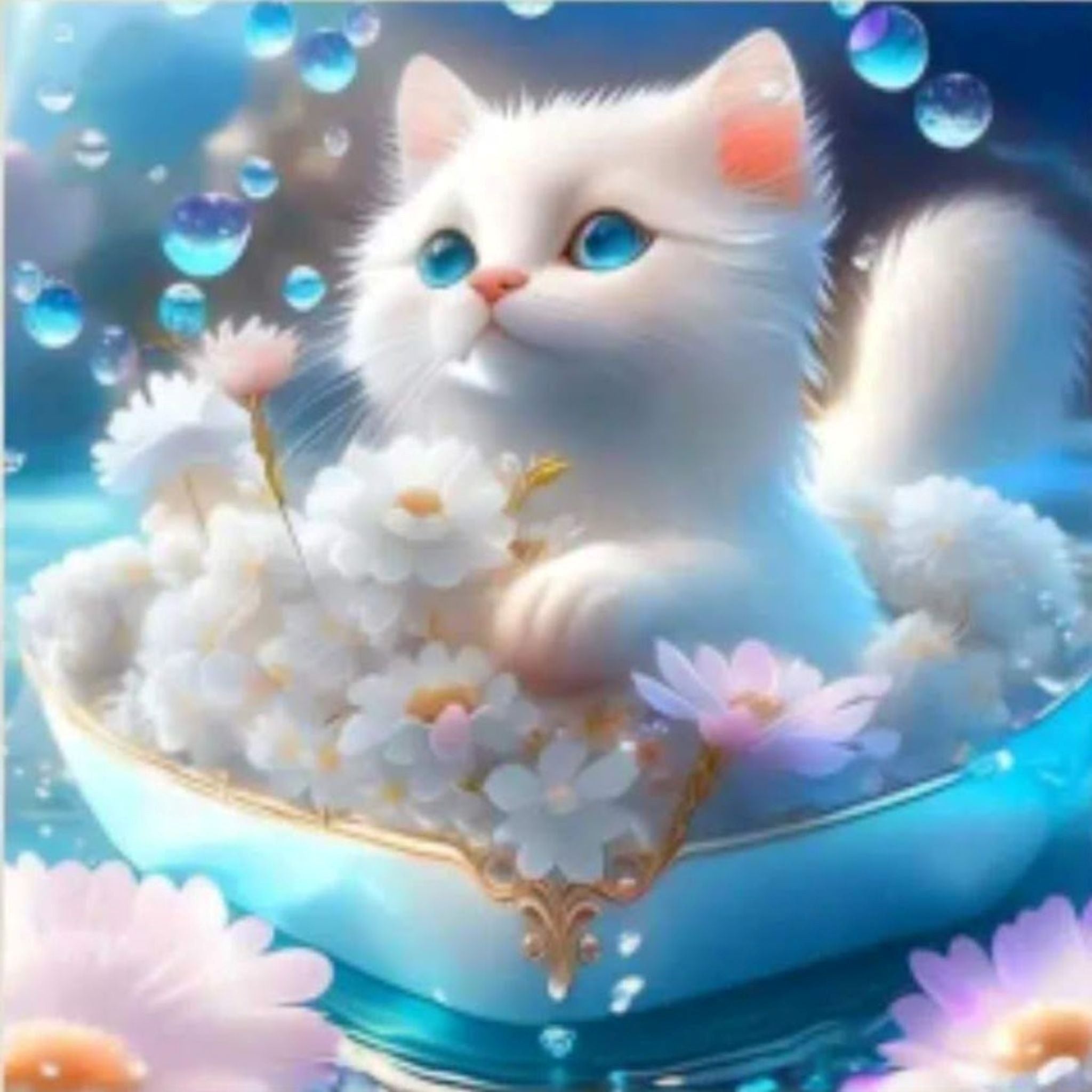 Kit Diamond Painting chaton blanc tasse 20 par 20cm. Diamants ronds