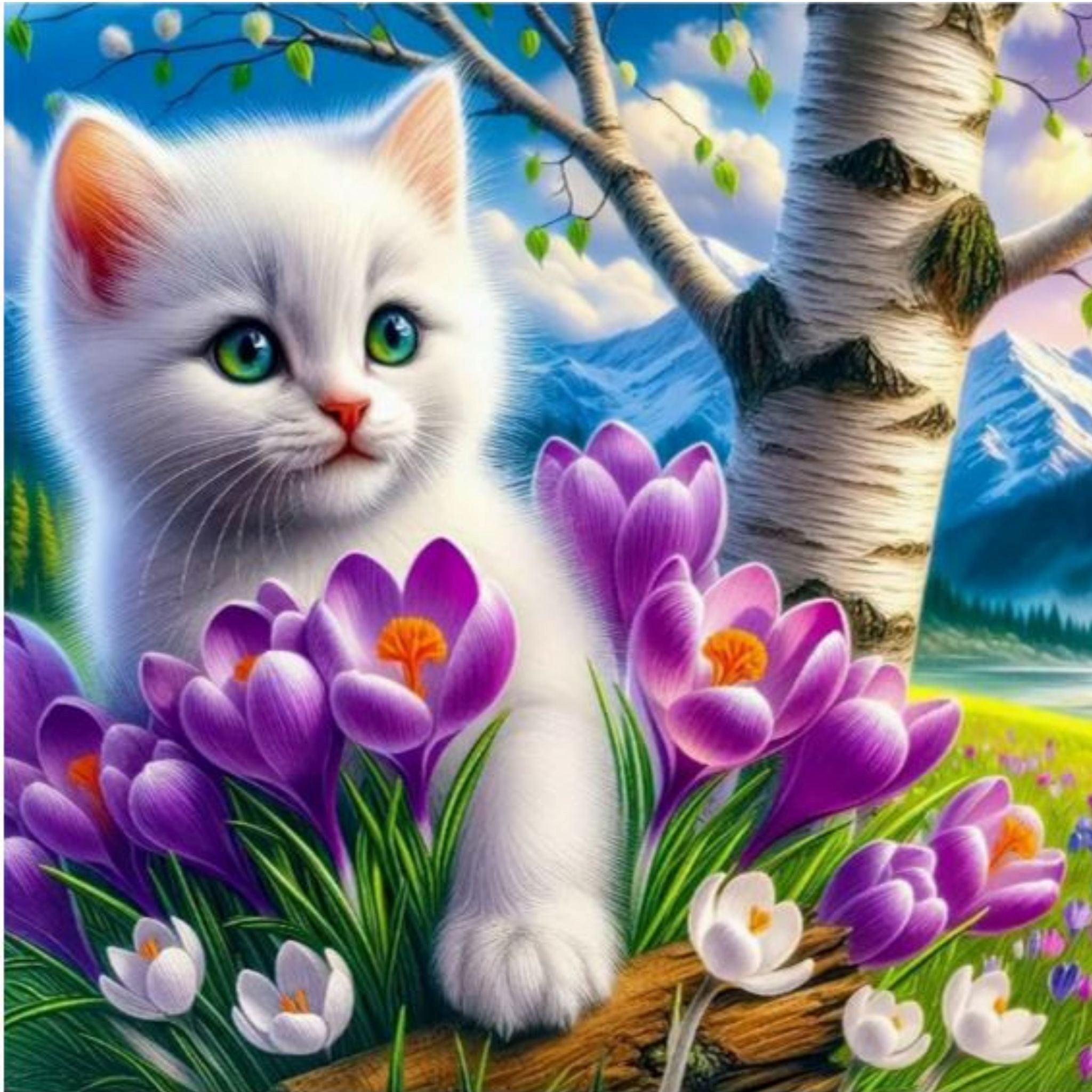 Kit diamond painting chaton blanc crocus 40 par 40cm. Diamants ronds