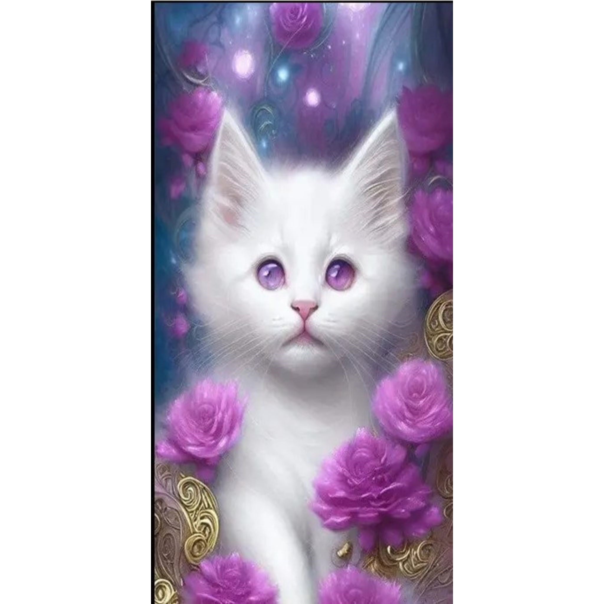 Diamond Painting Chaton Blanc Roses Violettes 40x70 - Art & Trésorts
