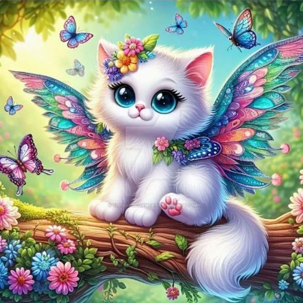 Kit diamond painting chaton féerique ailé 40 par 40cm. Diamants ronds