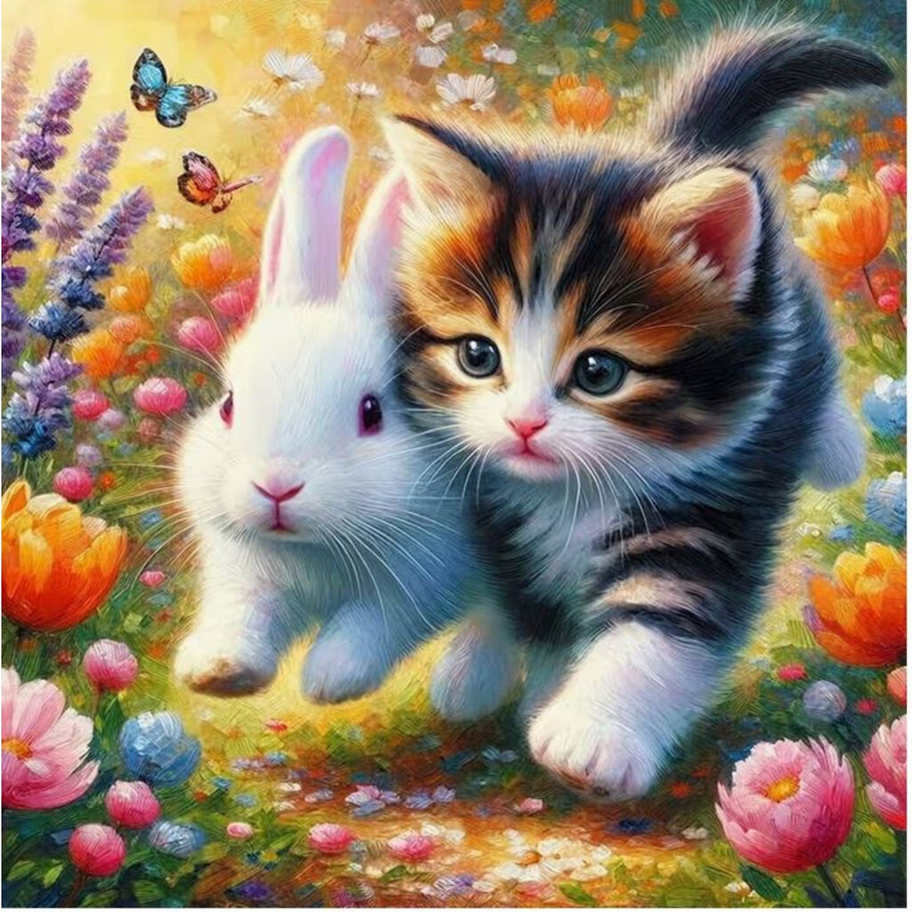 Diamond Painting Chaton Lapin Jardin 40x40 - Art & Trésorts