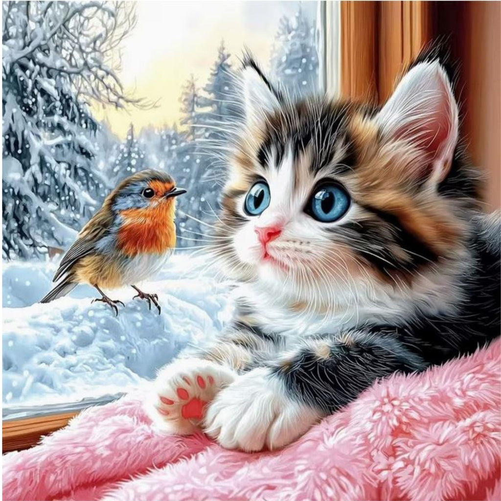 Diamond Painting Chaton Oiseau Hiver 30x30 - Art & Trésorts