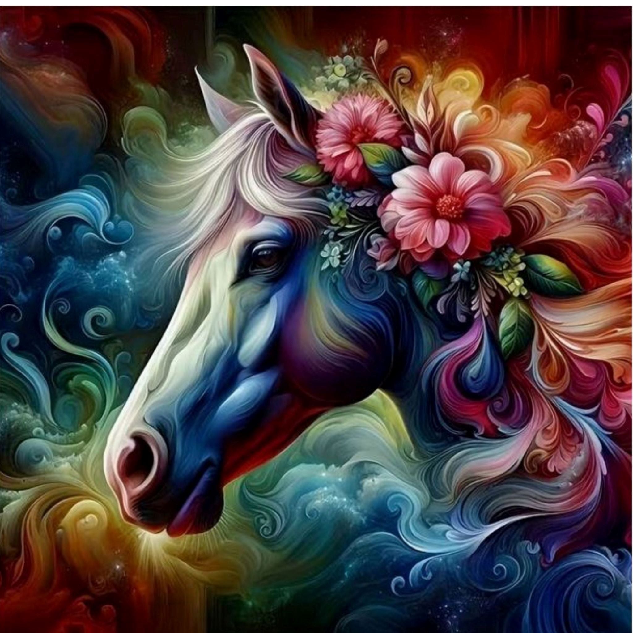 Kit diamond painting cheval fleuri cosmique 40 par 40cm déjà encadré. Diamants ronds ou carrés