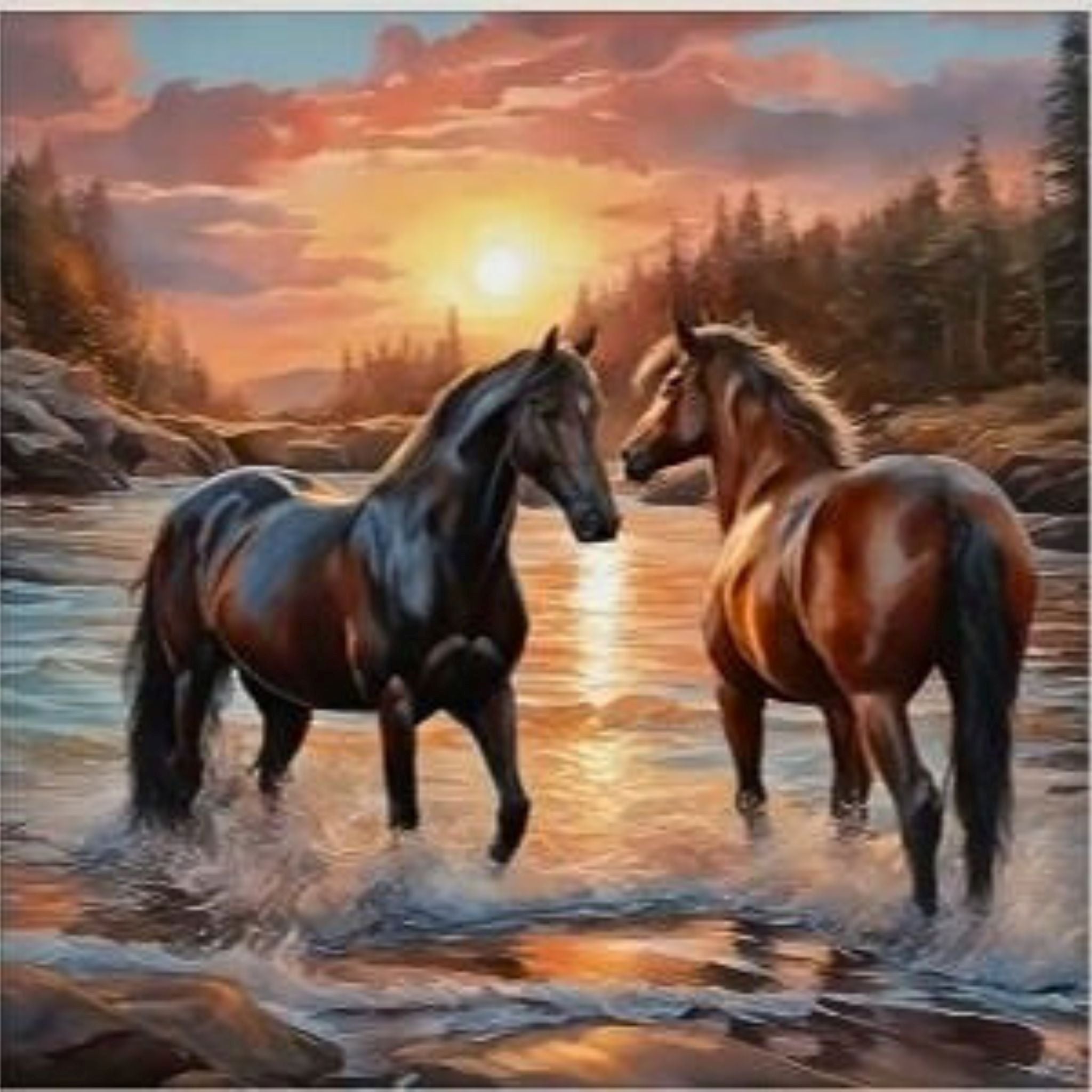 Kit Diamond Painting chevaux coucher soleil 20 par 20cm. Diamants ronds